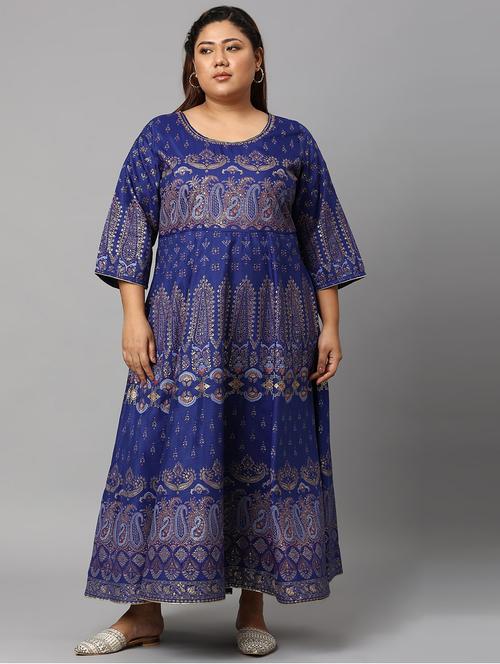 dark blue chanderi flared ethnic dress - 18703676 - Very Small Image - 1