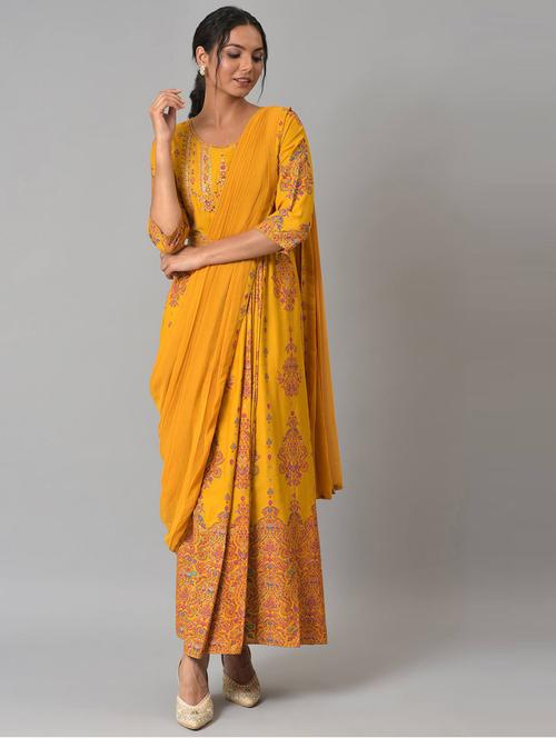 yellow viscose aline ethnic dress - 18703681 - Very Small Image - 1