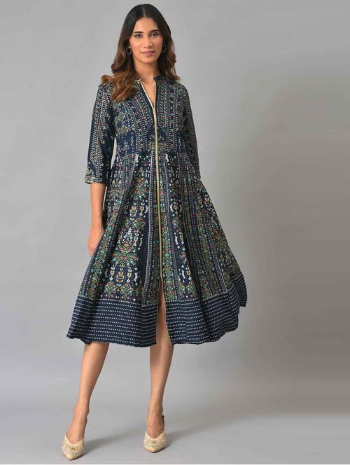 dark blue viscose flared ethnic dress - 18703682 - Very Small Image - 1