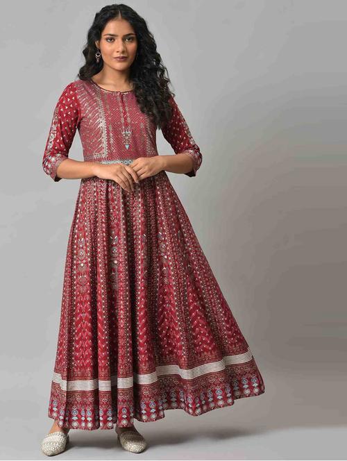 red viscose flared ethnic dress - 18703683 - Very Small Image - 1