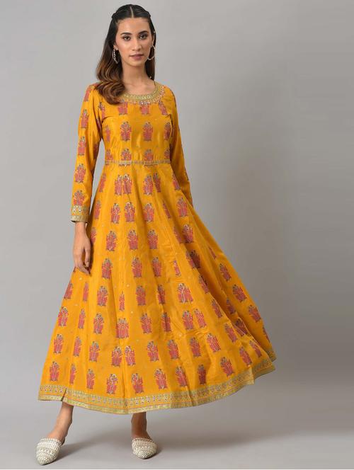 yellow chanderi flared ethnic dress - 18703700 - Very Small Image - 1