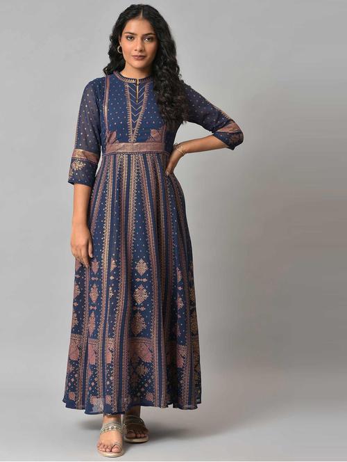 dark blue chanderi flared ethnic dress - 18703702 - Very Small Image - 1