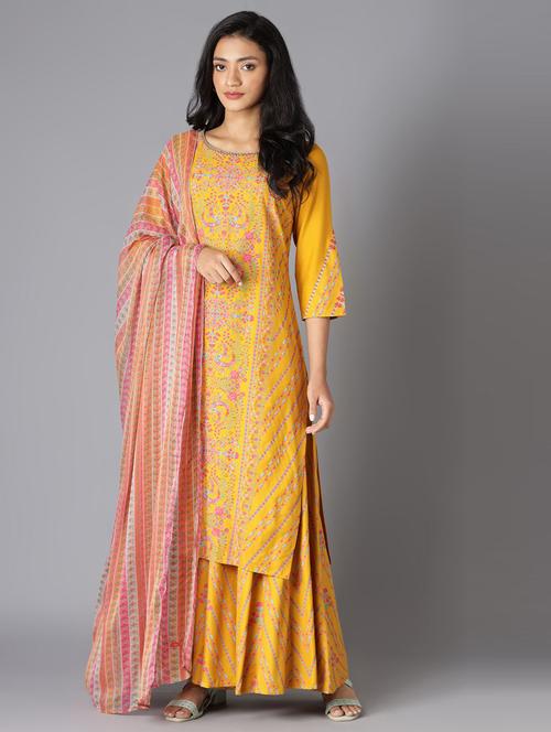 yellow kurta sharara dupatta set - 18718365 - Very Small Image - 1