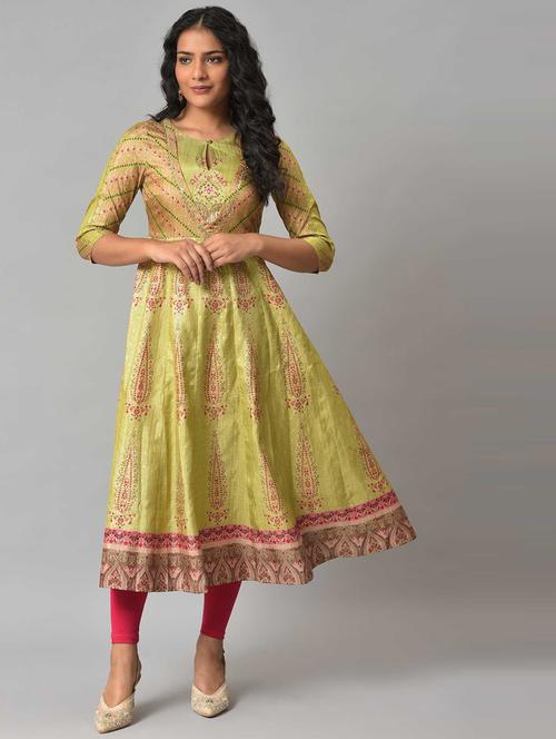 w women green festive floral print karnatka silk anarkali kurta with tight - 18718398 - Very Small Image - 1