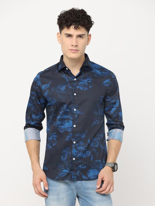 navy blue colored printed casual shirt - 18720670 - Very Small Image - 1