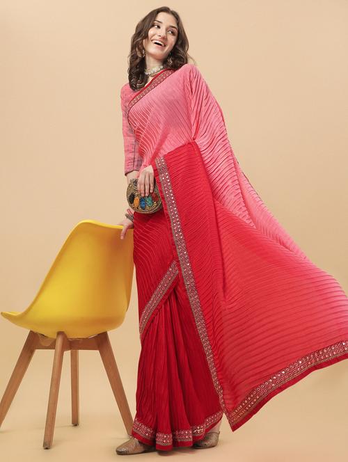 women's bordered pink colored saree with blouse - 18736529 - Very Small Image - 1