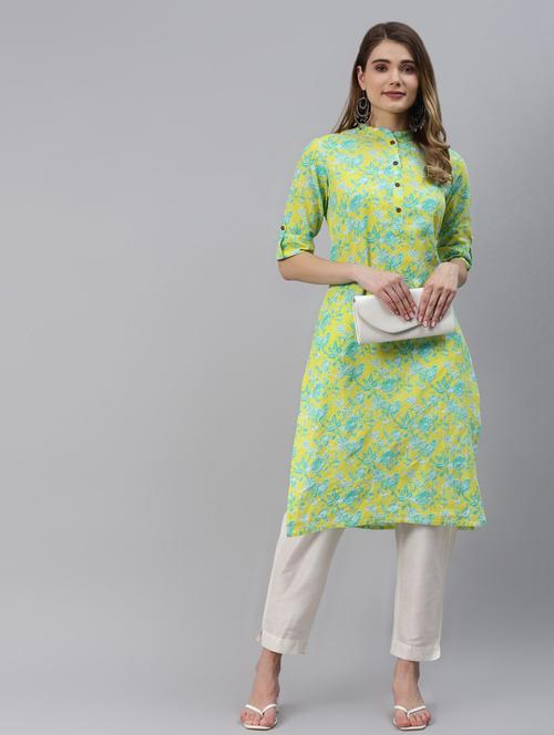 yellow cotton straight kurta - 18739112 - Very Small Image - 1