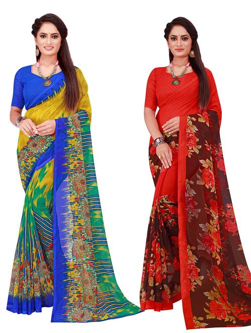 pack of 2 printed sarees with blouse - 18740040 - Very Small Image - 1