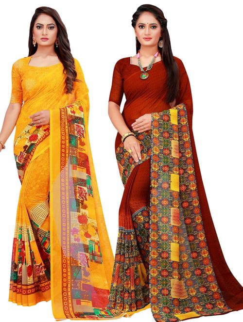 set of 2 combo saree with blouse - 18740645 - Very Small Image - 1