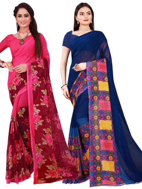 pack off 2 printed sarees with blouse - 18742517 - Very Small Image - 1