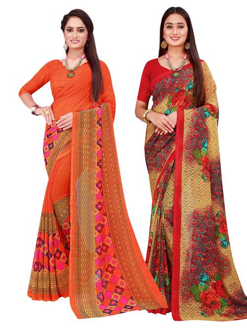 pack off 2 printed sarees with blouse - 18742644 - Very Small Image - 1
