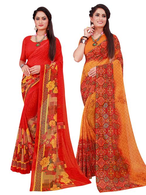 pack off 2 printed sarees with blouse - 18742699 - Very Small Image - 1