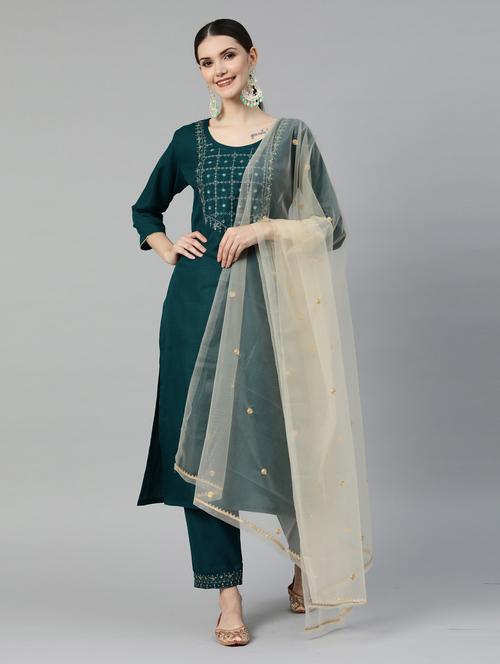 teal kurta pant set with dupatta - 18743791 - Very Small Image - 1