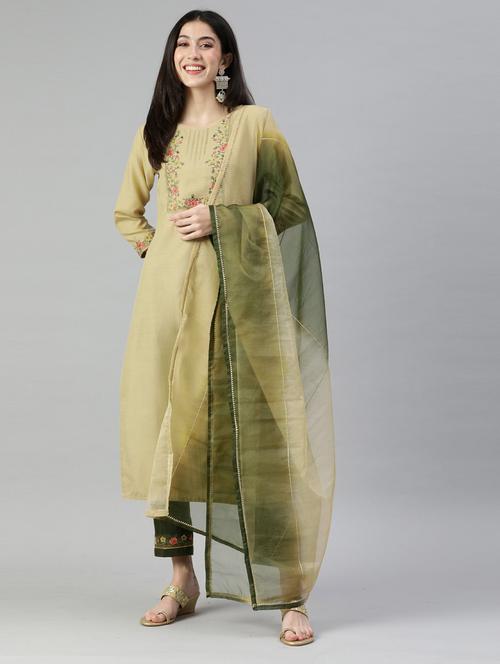 green kurta pant set with dupatta - 18743814 - Very Small Image - 1