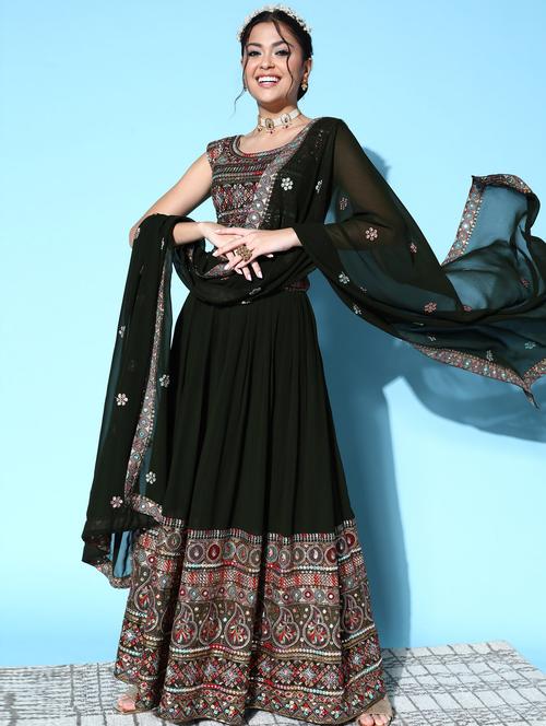 embroidered flared lehenga choli set with dupatta - 18743871 - Very Small Image - 1