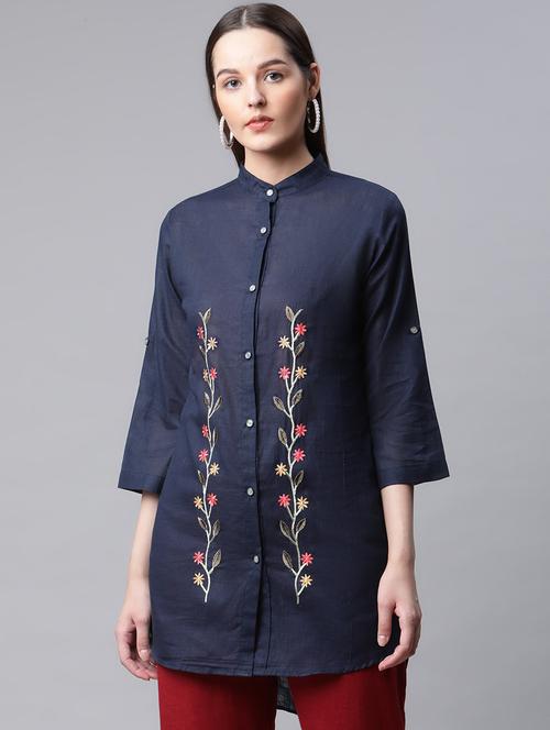 navy blue embroidered cotton tunic - 18744404 - Very Small Image - 1