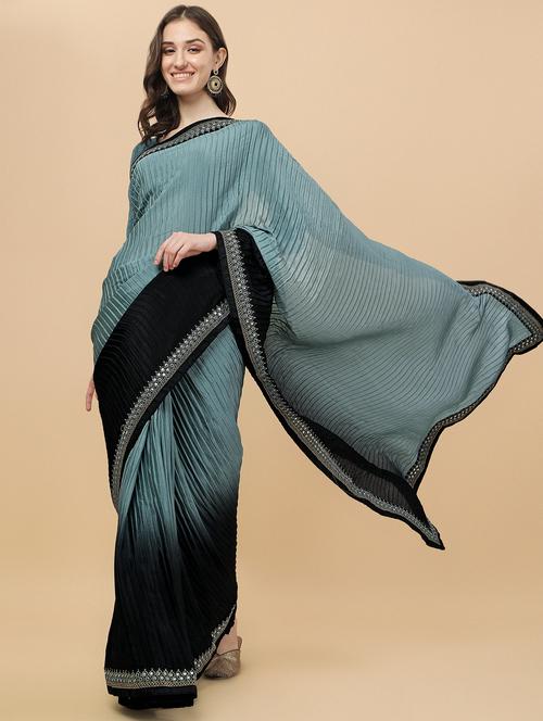 women's ombre ai aqua colored saree with blouse - 18748519 - Very Small Image - 1