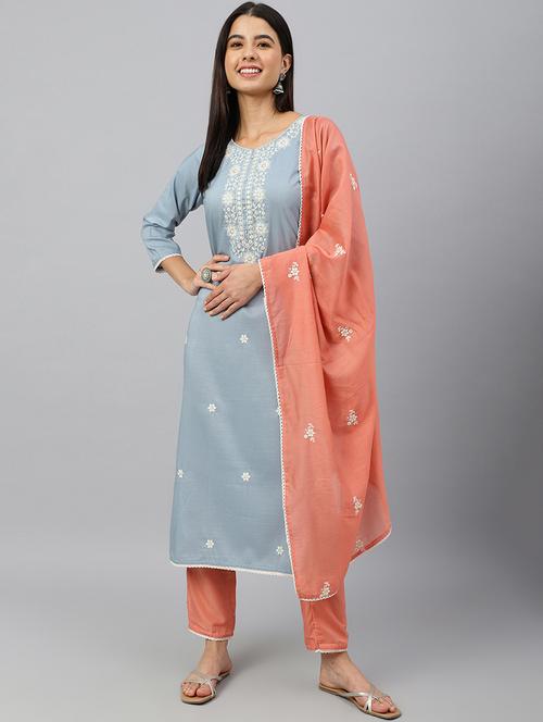 janasya grey poly silk floral embroidery kurta with pant and dupatta - 18757747 - Very Small Image - 1