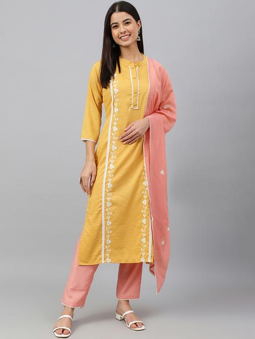 janasya mustard poly silk floral embroidery kurta with pant and dupatta - 18757755 - Very Small Image - 1