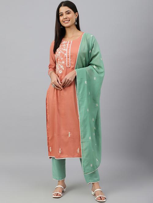janasya coral poly silk floral embroidery kurta with pant and dupatta - 18757756 - Very Small Image - 1