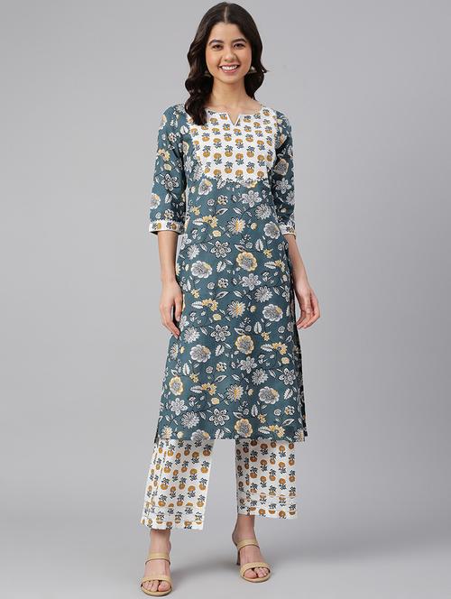 teal cotton kurta palazzo set - 18757766 - Very Small Image - 1