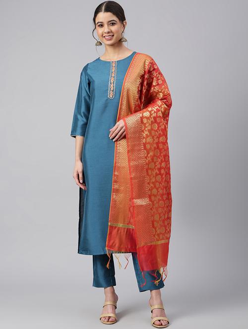 teal kurta pant set with dupatta - 18757772 - Very Small Image - 1