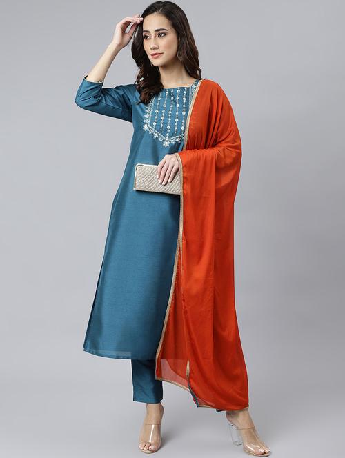 teal kurta pant set with dupatta - 18757794 - Very Small Image - 1