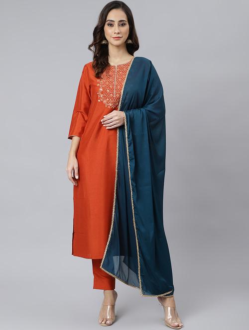 orange kurta pant set with dupatta - 18757795 - Very Small Image - 1
