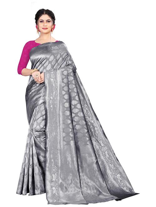 grey foil printed saree - 18758179 - Very Small Image - 1