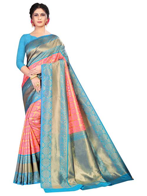 check print bordered saree with blouse - 18758180 - Very Small Image - 1