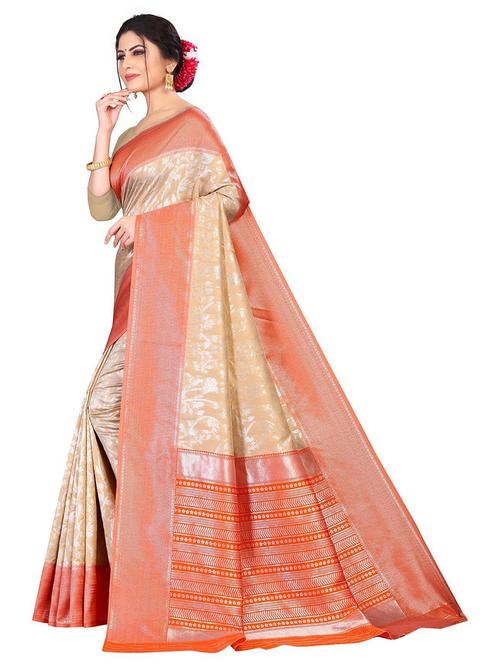 beige silk blend kanjivaram saree with blouse - 18758254 - Very Small Image - 1