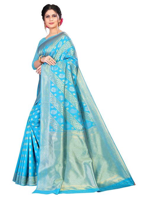 light blue silk blend kanjivaram saree with blouse - 18758268 - Very Small Image - 1