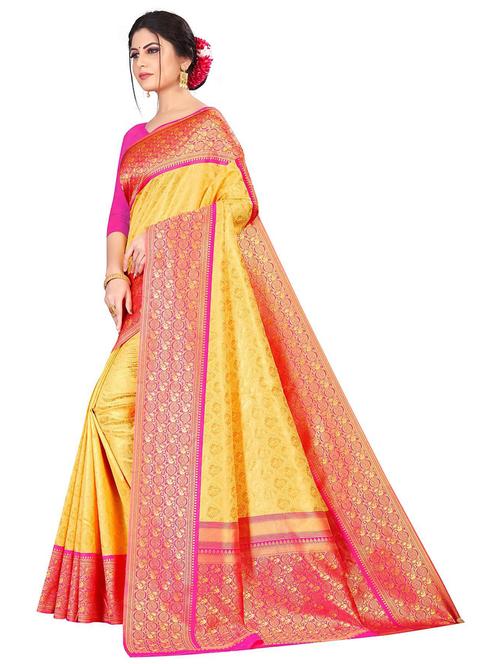 yellow silk blend kanjivaram saree with blouse - 18758274 - Very Small Image - 1