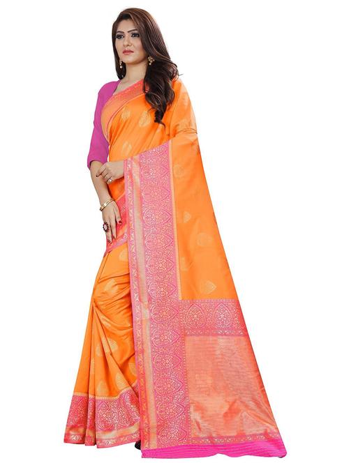 orange silk blend kanjivaram saree with blouse - 18758291 - Very Small Image - 1