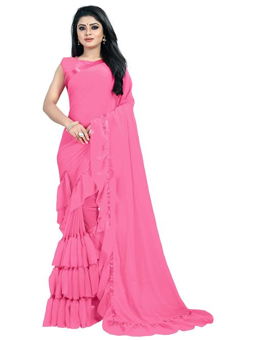 plain ruffle saree with blouse - 18758314 - Very Small Image - 1
