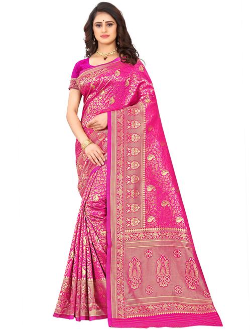 pink silk blend banarasi saree with blouse - 18758525 - Very Small Image - 1