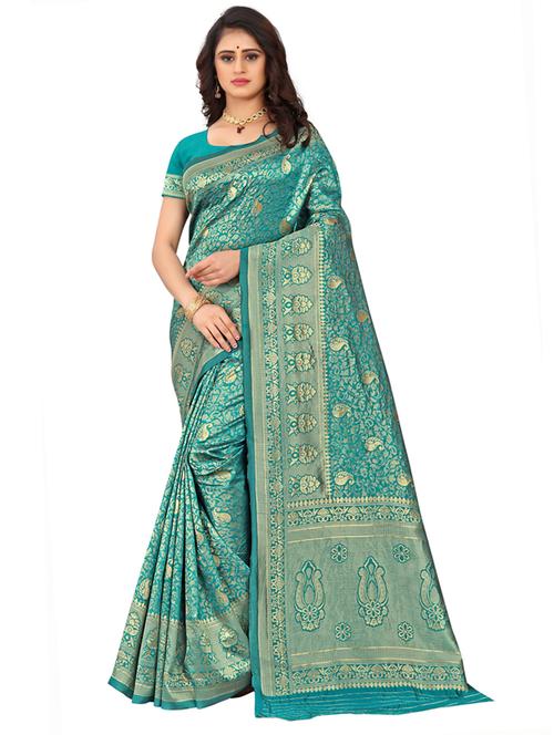 green silk blend banarasi saree with blouse - 18758527 - Very Small Image - 1