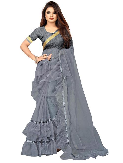 women's bordered grey colored saree with blouse - 18758695 - Very Small Image - 1