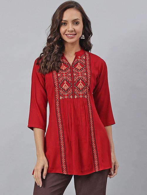 red embroidered mandarin neck a line tunic - 18765569 - Very Small Image - 1