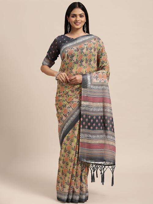green linen printed saree with blouse - 18788397 - Very Small Image - 1