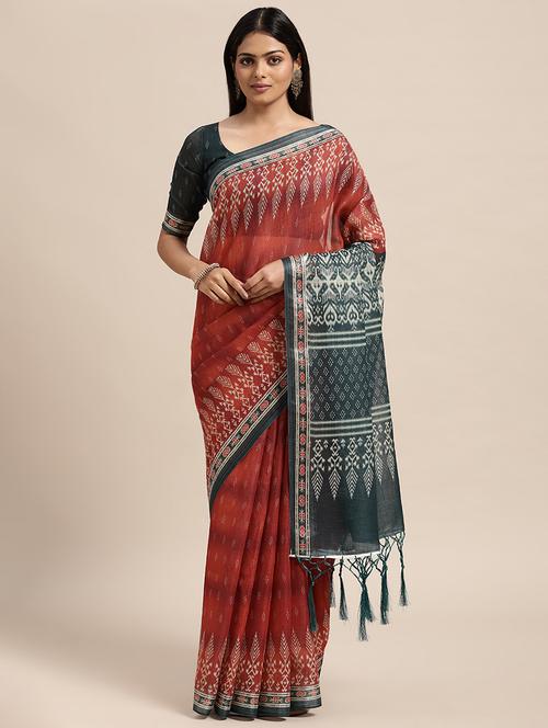 orange linen printed saree with blouse - 18788398 - Very Small Image - 1