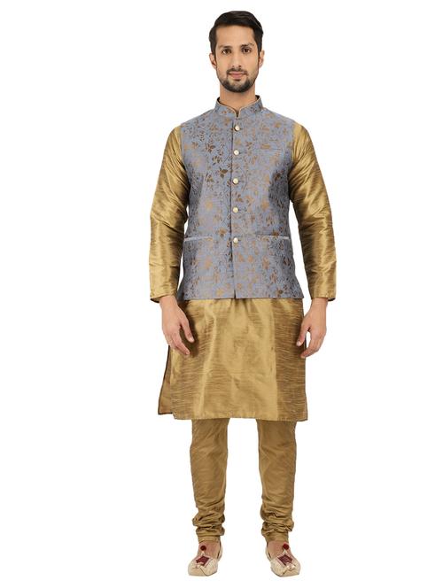 gold detailed kurta set with grey jacket - 18788611 - Very Small Image - 1