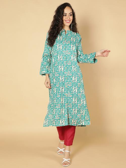 turquoise cotton kurta pant set - 18789250 - Very Small Image - 1