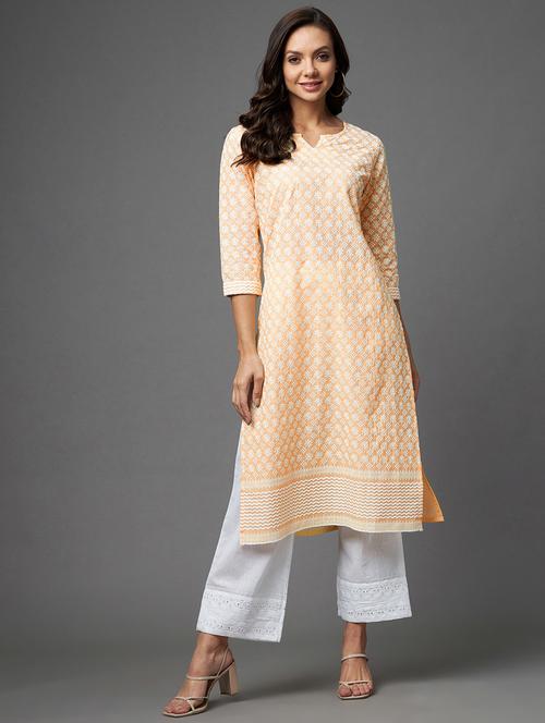 orange embroidered cotton straight kurta - 18789270 - Very Small Image - 1