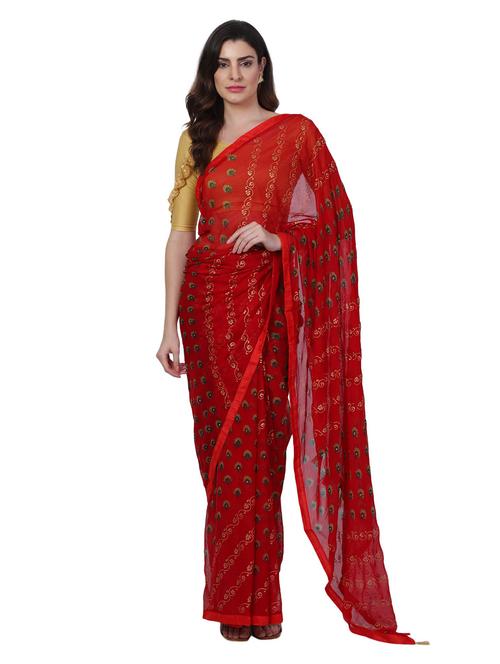 red printed saree with blouse - 18789341 - Very Small Image - 1