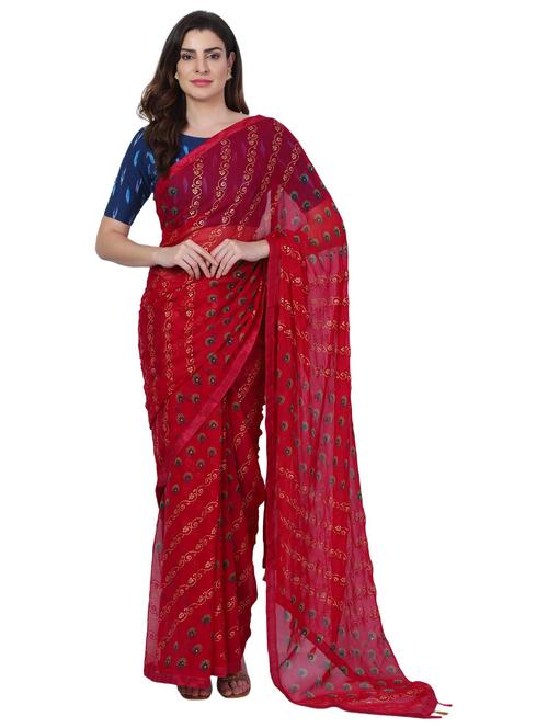 red printed saree - 18789379 - Very Small Image - 1