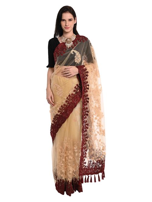 beige coloured embroidered saree with blouse - 18789496 - Very Small Image - 1