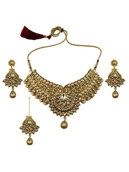 gold brass necklace earring and maang tikka set - 18795896 - Very Small Image - 1