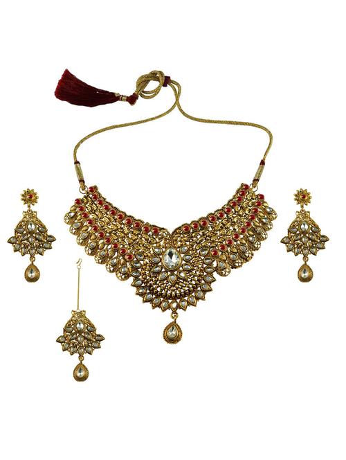 gold brass necklace earring and maang tikka set - 18795904 - Very Small Image - 1