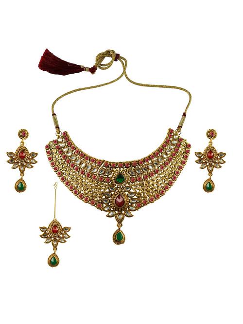gold brass necklace earring and maang tikka set - 18795911 - Very Small Image - 1